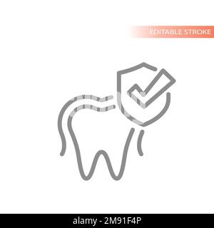 Dente con scudo e icona del vettore della linea di segno di spunta. Cura dentale protetta, simbolo con contorno in smalto. Illustrazione Vettoriale