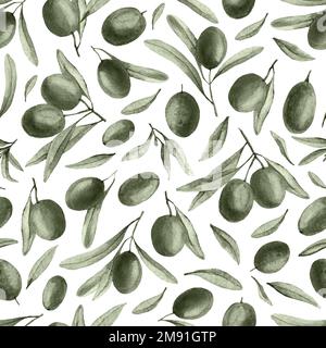 Rametto d'oliva senza cuciture modello in acquerello su sfondo isolato. Sfondo disegnato a mano con frutti e foglie verdi per la produzione di olio o il design tessile. Ornamento con cucina mediterranea. Foto Stock