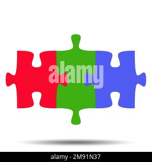 Tre pezzi di puzzle Uniti insieme su uno sfondo bianco Foto Stock