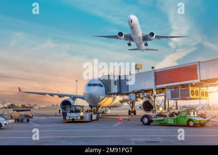 L'aeromobile è attaccato alla passerella del terminal dell'edificio dell'aeroporto per la preparazione al traino e al volo di lancio la sera al tramonto. Take-in aereo Foto Stock