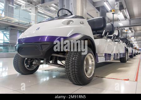 Un convoglio di auto elettriche parcheggiate in un terminal aeroportuale Foto Stock