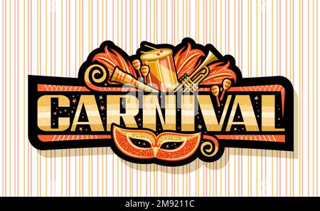 Banner vettoriale per Carnevale, cartellino orizzontale scuro con illustrazione di maschera carnevale di Venezia arancione, strumenti musicali, confetti decorativi, lascetta unica Illustrazione Vettoriale