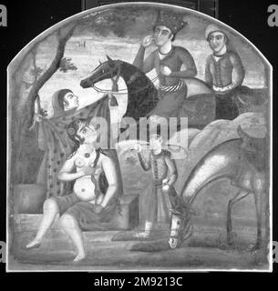 Khusraw scopre Shirin bagno, dal ciclo pittorico di otto soggetti poetici Khusraw scopre Shirin bagno, dal ciclo pittorico di otto soggetti poetici, metà del 18th ° secolo. Olio su tela, 36 x 35 poll. (91,4 x 88,9 cm). Questa immagine cattura il momento culminante della passione per l'amore tra il leggendario re iraniano Khusraw II (dinastia Sasaniana, 590–628) e Shirin, una principessa armena. Dopo giorni di anelito, Khusraw incontra per la prima volta Shirin mentre si bagna in uno stagno. Affascinati dalla bellezza degli altri, gli amanti restano senza parole. Anche se radicato in orale Foto Stock