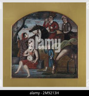 Khusraw scopre Shirin bagno, dal ciclo pittorico di otto soggetti poetici Khusraw scopre Shirin bagno, dal ciclo pittorico di otto soggetti poetici, metà del 18th ° secolo. Olio su tela, 36 x 35 poll. (91,4 x 88,9 cm). Questa immagine cattura il momento culminante della passione per l'amore tra il leggendario re iraniano Khusraw II (dinastia Sasaniana, 590–628) e Shirin, una principessa armena. Dopo giorni di anelito, Khusraw incontra per la prima volta Shirin mentre si bagna in uno stagno. Affascinati dalla bellezza degli altri, gli amanti restano senza parole. Anche se radicato in orale Foto Stock