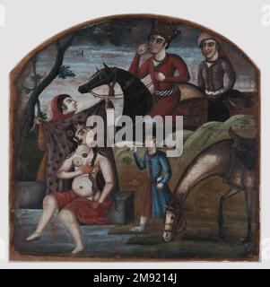 Khusraw scopre Shirin bagno, dal ciclo pittorico di otto soggetti poetici Khusraw scopre Shirin bagno, dal ciclo pittorico di otto soggetti poetici, metà del 18th ° secolo. Olio su tela, 36 x 35 poll. (91,4 x 88,9 cm). Questa immagine cattura il momento culminante della passione per l'amore tra il leggendario re iraniano Khusraw II (dinastia Sasaniana, 590–628) e Shirin, una principessa armena. Dopo giorni di anelito, Khusraw incontra per la prima volta Shirin mentre si bagna in uno stagno. Affascinati dalla bellezza degli altri, gli amanti restano senza parole. Anche se radicato in orale Foto Stock