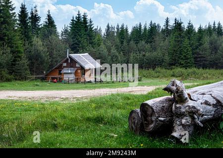 Capanna di legno su una strada di montagna, montagne Rhodopi Foto Stock