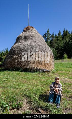 а fieno stack, vecchia donna seduta di fronte, paesaggio di campagna Foto Stock