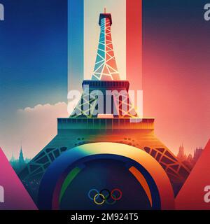 Torre Eiffel sotto i colori della Francia per i Giochi Olimpici 2024 a Parigi, Francia con i cinque anelli dei Giochi Olimpici Foto Stock