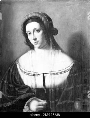 Ritratto di una Signora come Maria Maddalena Bartolomeo Veneto (Scuola Italiana Settentrionale, attivo 1502-1531). Ritratto di una Signora come Maria Maddalena, 1520s. Olio sul pannello del supporto, 22 5/8 x 17 5/8in. (57,5 x 44,8cm). Bartolomeo usa il dispositivo del vaso sul parapetto in primo piano per sollecitare un’associazione con Maria Maddalena, la santa creduta di aver unto i piedi di Cristo. I ricchi ricami e gioielli possono riferirsi alle descrizioni neotestamentarie di Maria Maddalena e allo status attuale di donna di ricchezza, mentre il suo sguardo franco e serio suggerisce la pietà della santa, l della donna Foto Stock