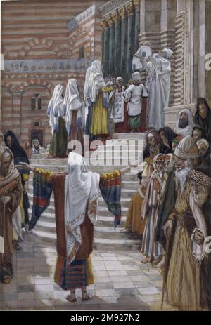 La presentazione di Gesù nel tempio (la présentation de Jésus au Temple) James Tissot (francese, 1836-1902). La presentazione di Gesù nel tempio (la présentation de Jésus au Temple), 1886-1894. Acquerello opaco su grafite su carta in wove grigia, immagine: 8 3/4 x 6 pollici (22,2 x 15,2 cm). Quaranta giorni dopo la nascita di Gesù, la Sacra Famiglia si reca a Gerusalemme per iniziare il bambino al servizio di Dio al Tempio e per offrire un modesto sacrificio: I piccioni o le tortore in gabbia qui trattenuti da Giuseppe. Portando il bambino tra le sue braccia, il sacerdote anziano Simeone riconosce il bambino come il C. Foto Stock