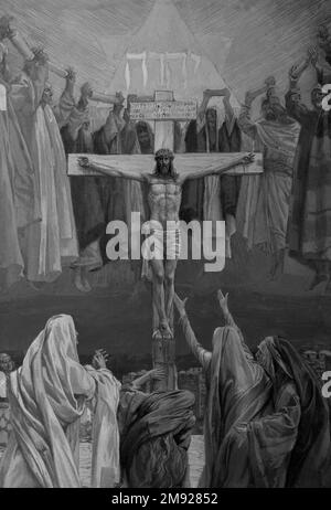 E 'finito (Consummatum Est) James Tissot (francese, 1836-1902). È finito (Consummatum Est), 1886-1894. Acquerello opaco su grafite su carta in wove grigia, immagine: 11 5/16 x 7 3/4 pollici (28,7 x 19,7 cm). Quando Gesù scade sulla croce, pronuncia le parole “è finito”. In questa immagine, gli spiriti dei profeti dell'Antico Testamento si librano intorno alla barra trasversale del suo crocifisso, accogliendolo in compagnia. All'interno della Stella a sei punte di Davide, Tissot ha dipinto la parola ebraica per Signore, sottolineando ulteriormente il ruolo di Cristo nel disegno divino. Affermare che le loro “profezie sono comproprio Foto Stock