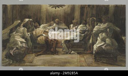 L'ultima cena: Judas tuffando la mano nel piatto (la Céne. Judas incontrò la main dans le plat) James Tissot (francese, 1836-1902). L'ultima cena: Judas tuffando la mano nel piatto (la Céne. Judas incontrò la main dans le plat), 1886-1894. Acquerello opaco su grafite su carta in wove grigia, immagine: 9 3/4 x 19 3/8 pollici (24,8 x 49,2 cm). Per la festa della Pasqua, gli apostoli (vestiti di abiti da viaggio, come spiega Tissot, il libro dell'Esodo degli Ebrei dell'Antico Testamento) si incontrano in una stanza decorata con ghirlande. Durante il pasto, Gesù rivela che sarà tradito da uno dei suoi discepoli, molti dei quali Foto Stock