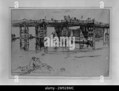 Old Putney Bridge James Abbott McNeill Whistler (americano, 1834-1903). Old Putney Bridge, 1879. Inchiostro nero su carta laidata fatta a mano con filigrana e un contrassegno, immagine: 8 x 11 3/4 pollici (20,3 x 29,8 cm). Un grande sostenitore di estetica e Japonisme, James McNeill Whistler ha anche contribuito a rivitalizzare l'acquaforte come un serio, ricerca creativa. Il suo apprezzamento per questo mezzo è stato favorito, in parte, da uno studio attento sulle incisioni da parte del maestro olandese del XVII secolo Rembrandt. Per la sua produzione prolifica, Whistler uscì spesso per le strade di Londra (dove si stabilì nel 1859), catturando URBAN