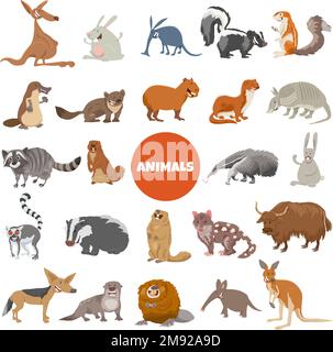 Illustrazione di cartone animato di divertenti personaggi animali selvatici Big Set Illustrazione Vettoriale