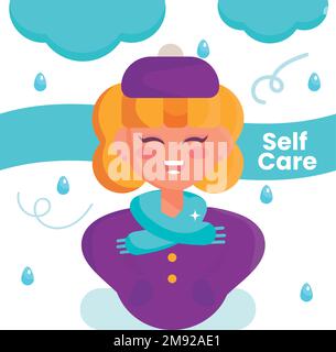 Felice personaggio donna con abbigliamento invernale auto cura Vector Illustrazione Vettoriale