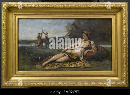 Giovani Donne di Sparta (Jeunes filles de Sparte) Jean-Baptiste-Camille Corot (francese, 1796-1875). Giovani Donne di Sparta (Jeunes filles de Sparte), 1868-1870. Olio su tela, 16 3/4 x 29 7/16 poll. (42,5 x 74,8 cm). Insieme al 42,196, questo dipinto di una giovane donna pallida e contemplativa vestita di indumenti che evocano tempi passati o luoghi lontani esemplifica la pratica di Jean-Baptiste-Camille Corot come pittore di figura. Questo dipinto ritrae il modello Mlle Darmelas indossando l'abbigliamento tradizionale della città italiana di Albano e guardando penosamente nello spazio. Nell'altro, un modello preferito, Emma Dobign Foto Stock