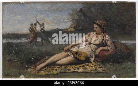 Giovani Donne di Sparta (Jeunes filles de Sparte) Jean-Baptiste-Camille Corot (francese, 1796-1875). Giovani Donne di Sparta (Jeunes filles de Sparte), 1868-1870. Olio su tela, 16 3/4 x 29 7/16 poll. (42,5 x 74,8 cm). Insieme al 42,196, questo dipinto di una giovane donna pallida e contemplativa vestita di indumenti che evocano tempi passati o luoghi lontani esemplifica la pratica di Jean-Baptiste-Camille Corot come pittore di figura. Questo dipinto ritrae il modello Mlle Darmelas indossando l'abbigliamento tradizionale della città italiana di Albano e guardando penosamente nello spazio. Nell'altro, un modello preferito, Emma Dobign Foto Stock