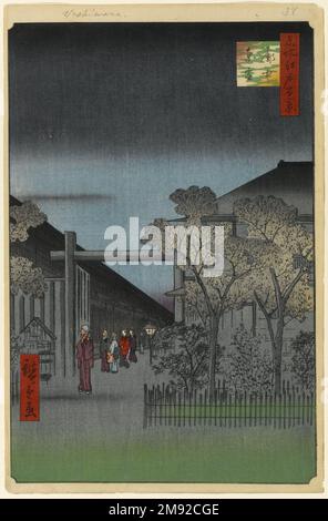 Alba all'interno del Yoshiwara, n ° 38 in cento viste di Edo Utagawa Hiroshige (Ando) (giapponese, 1797-1858). , 4th mese di 1857. Stampa Woodblock, foglio: 14 1/4 x 9 5/16 pollici (36,2 x 23,7 cm). Daybreak ha avuto associazioni classiche nella letteratura giapponese con gli amanti della divisione, e la scena giocata dalle quattro figure al centro di questa stampa è in linea con quella tradizione. E 'all'alba in Yoshiwara, il popolare licenza di piacere quarti per l'Edo demimonde. A sinistra c'è un ospite in partenza, il suo 'cappuccio guancia-cover' discretamente sul posto per il viaggio di ritorno. Un operatore nella parte posteriore Foto Stock