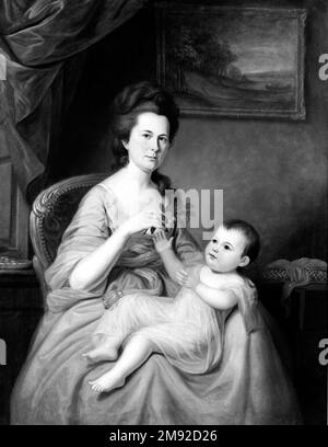 David Forman e Child Charles Willson Peale (americano, 1741-1827). Sig.ra David Forman and Child, ca. 1785. Olio su tela, 51 x 39 3/8 poll. (129,5 x 100 cm). La moglie di un ricco ufficiale dell'esercito continentale e la madre di undici figli, la signora David Forman è stata rappresentata da Charles Willson Peale in un interno che doveva suggerire l'eleganza e la generosità della sua vita domestica. Siede su una sedia con foglie di acanto a scorrimento, alludendo all'antica decorazione greca e romana. La presenza del dipinto paesaggistico alle sue spalle ha segnato la vita colta della famiglia Forman e della ge Foto Stock