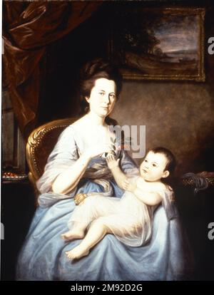 David Forman e Child Charles Willson Peale (americano, 1741-1827). Sig.ra David Forman and Child, ca. 1785. Olio su tela, 51 x 39 3/8 poll. (129,5 x 100 cm). La moglie di un ricco ufficiale dell'esercito continentale e la madre di undici figli, la signora David Forman è stata rappresentata da Charles Willson Peale in un interno che doveva suggerire l'eleganza e la generosità della sua vita domestica. Siede su una sedia con foglie di acanto a scorrimento, alludendo all'antica decorazione greca e romana. La presenza del dipinto paesaggistico alle sue spalle ha segnato la vita colta della famiglia Forman e della ge Foto Stock