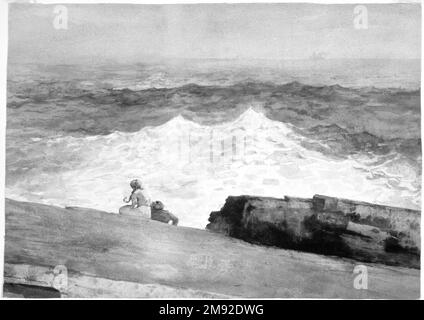 The Northeaster Winslow Homer (americano, 1836-1910). The Northeaster, 1883. Acquerello su grafite su carta color panna, 14 1/8 x 19 3/4in. (35,9 x 50,2cm). Ridotta a elementi economici ma espressivi, questa composizione rivela il forte senso del design di Winslow Homer, affinato durante la sua carriera di illustrazione. (Ha lasciato il lavoro della rivista nel 1875, in parte a causa del reddito generato dalle vendite di acquerelli). Dopo essersi insediato nel 1883 a Prout’s Neck, una penisola rocciosa al largo delle coste del Maine, si preoccupò sempre più delle interazioni dinamiche di mare, cielo e condizioni meteorologiche estreme Foto Stock