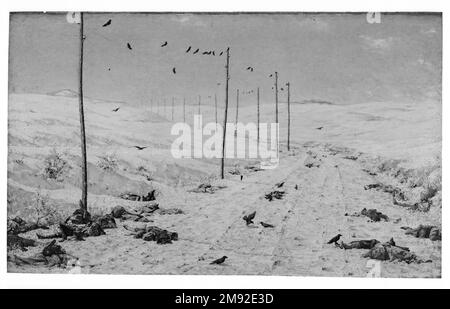 La strada dei prigionieri di guerra Vasily Vereshchagin (russo, 1842-1904). La strada dei prigionieri di guerra, 1878-1879. Olio su tela, 71 1/4 x 117 11/16 x 2 1/4 poll. (181 x 298,9 x 5,7 cm). I due dipinti monumentali di Vasily Vereshchagin che raffigurano la violenza in tempo di guerra derivano dall’esperienza dell’artista come corrispondente volontario e combattente durante la guerra russo-turca nel 1877-78. In Un luogo di riposo per i prigionieri, una tempesta di neve batte giù sui prigionieri turchi che sono monitorati dai soldati russi che fanno le lance mentre un cavallo e una carrozza sono sepolti sotto la neve in primo piano. La strada del Foto Stock