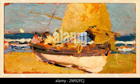Spiaggia di Valencia (Playa de Valencia) Joaquín Sorolla y Bastida (spagnolo, 1863-1923). , ca. 1908. Olio su pannello di legno, 5 1/4 x 10 1/2 poll. (13,3 x 26,7 cm). Disegnando all'esterno, gli artisti hanno fatto studi informali in oli o carbone di terreno, fogliame e cielo—scorci di topografia spesso inestimabile attraverso la quale hanno trasmesso le loro esperienze sensoriali di luce e atmosfera. Spesso usavano questi paesaggi resi rapidamente come ispirazione per composizioni formali fatte nei loro studi. Tali pleinairici del diciannovesimo secolo furono un'influenza importante sulle generazioni successive di artisti, tra cui J Foto Stock
