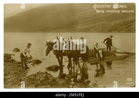 Cartolina originale di epoca edoardiana di scena di paese, agricoltura / lumberjacks, lavoratori forestali con cavalli pesanti che si tagliano lungo un lago, portando tronchi in riva. Testo 'Scene di paese, Labours di primo mattino'. La cartolina è pubblicata da E.A. Schwerdtfeger & Co Londra, EC. Datato / pubblicato 1912 probabilmente Cumbria, Inghilterra, Regno Unito Foto Stock