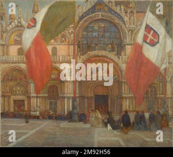 Jour de Fête à Venise Eugene Lawrence Vail (americano, 1857-1934). , ca. 1904. Olio su tela, 68 x 78 3/4 poll. (172,7 x 200 cm). Questa immagine dai colori brillanti della famosa facciata di San Marco è una delle opere faÃ famose di Vail. La grande tela dimostra il drammatico cambiamento dopo l'inizio del secolo sia nel suo oggetto che nel suo stile, lontano dai soggetti di figura somber che avevano riflesso la sua formazione accademica parigina. L'artista ha manipolato la composizione per enfatizzare quegli elementi che ha trovato più dinamici visivamente. Le enormi bandiere giocano un ruolo importante nell'im Foto Stock