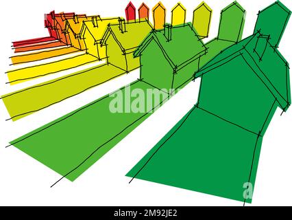 illustrazione disegnata a mano di sette case certificate in sette classi energetiche nel diagramma di potenza Foto Stock