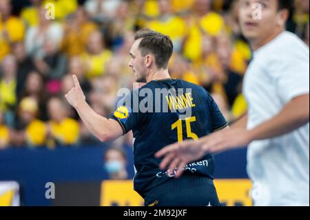 Goteborg, Svezia. 16th gennaio 2023. Hampus Wanne di Svezia celebra il suo obiettivo durante la partita del campionato mondiale di pallamano IHF del 2023 tra Uruguay e Svezia il 16th gennaio 2023 a Gothenburg. Credit: Oskar Olteus / Alamy Live News Foto Stock