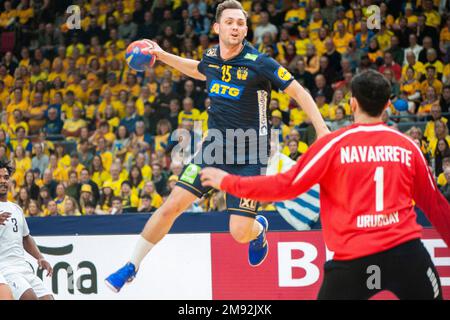 Goteborg, Svezia. 16th gennaio 2023. Hampus Wanne di Svezia in azione durante la partita del campionato mondiale di pallamano IHF del 2023 tra Uruguay e Svezia il 16th gennaio 2023 a Gothenburg. Credit: Oskar Olteus / Alamy Live News Foto Stock