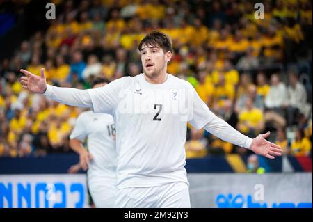 Goteborg, Svezia. 16th gennaio 2023. Gabriel Chaparro dell'Uruguay reagisce durante la partita del Campionato Mondiale di pallamano IHF del 2023 tra Uruguay e Svezia il 16th gennaio 2023 a Gothenburg. Credit: Oskar Olteus / Alamy Live News Foto Stock