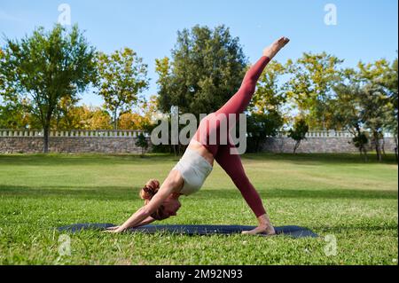 Vista laterale del corpo completo della giovane donna flessibile che fa yoga in Dog Split rivolto verso il basso Foto Stock