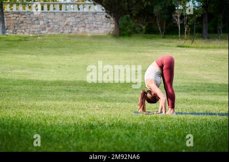 Vista laterale completa del corpo dell'atleta FIT in abbigliamento sportivo che fa yoga a Uttttanasana durante l'allenamento all'aperto nel parco sul prato verde Foto Stock