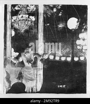 Mlle. Bécat al Café des Ambassadeurs (Mlle. Bécat au Café des Ambassadeurs) Edgar Degas (francese, 1834-1917). Mlle. Bécat al Café des Ambassadeurs (Mlle. Bécat au Café des Ambassadeurs), 1877-1878. Litografia su carta ovata, immagine: 8 1/4 x 7 3/8 pollici (21 x 18,7 cm). Arte europea 1877-1878 Foto Stock
