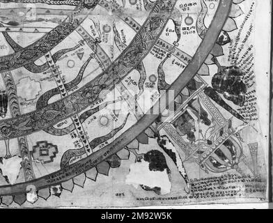 Diagramma cosmico indiano. Diagramma cosmico, 18th ° secolo. Acquerello opaco su cotone, foglio: 35 1/2 x 36 pollici (90,2 x 91,4 cm). Questa immagine mappa il cosmo come concepito dal Jainismo, un'antica religione indiana. Nella tradizione Jain, raggiungere l'Illuminismo richiede un viaggio spirituale attraverso i livelli di comprensione. I livelli sono mostrati qui come anelli concentrici separati da oceani. Il mondo che conosciamo appare negli anelli esterni e negli angoli, popolato da persone in piccoli padiglioni e attraversato da fiumi. Al centro si trova Jambhudvipa, il continente montuoso degli dei. Arte asiatica 18th centur Foto Stock