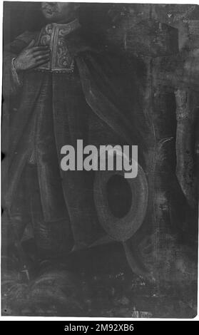 San Isidoro il contadino Sconosciuto. San Isidore il contadino, ca. 1750. Olio su tela, 31 1/8 x 24 1/4in. (79,1 x 61,6cm). DIPINTI NELLE CASE COLONIALI SPAGNOLE l'enorme numero di dipinti acquisiti da collezionisti privati nella coloniale spagnola America è confermato da prove in testamentario, dote, e altri documenti del periodo. Dai centri urbani alle zone di frontiera, dipinti di artisti europei e del nuovo mondo raffiguranti soggetti religiosi e secolari decorarono le case di Creolo, della Penisola Spagnola, del Mestizo (gente di razza mista), e degli indigeni uomini e donne. I cinque dipinti andini su t Foto Stock