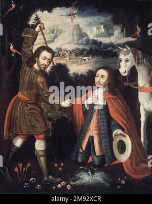 San Isidoro il contadino Sconosciuto. San Isidore il contadino, ca. 1750. Olio su tela, 31 1/8 x 24 1/4in. (79,1 x 61,6cm). DIPINTI NELLE CASE COLONIALI SPAGNOLE l'enorme numero di dipinti acquisiti da collezionisti privati nella coloniale spagnola America è confermato da prove in testamentario, dote, e altri documenti del periodo. Dai centri urbani alle zone di frontiera, dipinti di artisti europei e del nuovo mondo raffiguranti soggetti religiosi e secolari decorarono le case di Creolo, della Penisola Spagnola, del Mestizo (gente di razza mista), e degli indigeni uomini e donne. I cinque dipinti andini su t Foto Stock