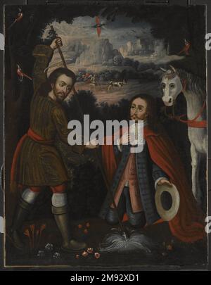 San Isidoro il contadino Sconosciuto. San Isidore il contadino, ca. 1750. Olio su tela, 31 1/8 x 24 1/4in. (79,1 x 61,6cm). DIPINTI NELLE CASE COLONIALI SPAGNOLE l'enorme numero di dipinti acquisiti da collezionisti privati nella coloniale spagnola America è confermato da prove in testamentario, dote, e altri documenti del periodo. Dai centri urbani alle zone di frontiera, dipinti di artisti europei e del nuovo mondo raffiguranti soggetti religiosi e secolari decorarono le case di Creolo, della Penisola Spagnola, del Mestizo (gente di razza mista), e degli indigeni uomini e donne. I cinque dipinti andini su t Foto Stock