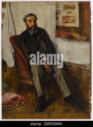 Ritratto di un uomo (Ritratto d'homme) Edgar Degas (francese, 1834-1917). Ritratto di un uomo (Ritratto d'homme), ca. 1866. Olio su tela, 34 x 25 1/2 poll. (86,4 x 64,8 cm). In questo enigmatico dipinto, un uomo non identificato in un moderno abbigliamento borghese siede in una sedia tra tagli di carne. Un piatto con salsiccia e un trotto di maiale sanguinoso e appena scolpito poggia sul tavolo coperto di stoffa, e quello che sembra essere un arrosto di costolette siede su un altro piatto (o è la tavolozza di un artista?) sul pavimento. A metà strada tra questi due piatti di carne animale morta ci sono le mani afferrate dell’uomo, che rinforzano la malinconica Foto Stock
