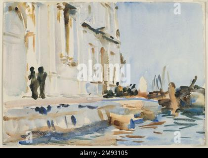 All' Ave Maria John Singer Sargent (americano, nato in Italia, 1856-1925). All' Ave Maria, ca. 1902-1904. Acquerello traslucido e tocchi di acquerello opaco, 10 x 14 1/16 pollici (25,4 x 35,7 cm). All’Ave Maria, il cui titolo si riferisce ai Vespri del tardo pomeriggio, raffigura la chiesa e la scuola di Santo Spirito, adiacenti strutture rinascimentali che si affacciano sul lungomare delle Zattere. Si tratta di uno degli acquerelli più rapidamente eseguiti da Sargent, dipinti senza alcun disegno preparatorio e eseguiti da bagnato a bagnato, in modo che i tratti si dissanguino l'uno nell'altro. Forme come le barche e le figure sono suggerite da sciolto, un Foto Stock