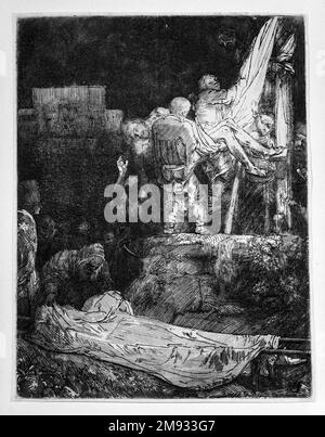 La discesa dalla Croce di Torchlight Rembrandt Harmensz. Van Rijn (olandese, 1606-1669). La discesa dalla Croce al semaforo di torcia, 1654. Incisione e punto secco sulla carta posata, piastra: 8 1/4 x 6 3/8 poll. (21 x 16,2 cm). Arte europea 1654 Foto Stock