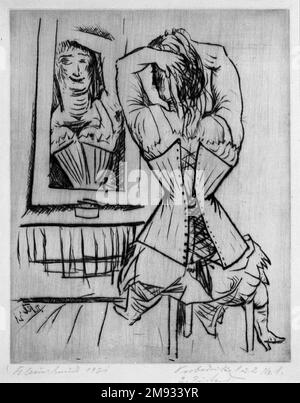 Donna seduta davanti a uno specchio (Frau, sitzende vor Spiegel) Paul Kleinschmidt (tedesco, 1883-1949). , 1921. DRYPOINT su carta Wove, foglio: 12 13/16 x 9 5/16 poll. (32,5 x 23,7 cm). Arte europea 1921 Foto Stock