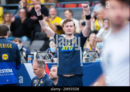 Goteborg, Svezia. 16th gennaio 2023. Jonathan Carlsbogård di Svezia festeggia il 16th gennaio 2023 a Gothenburg durante la partita del campionato mondiale di pallamano maschile dell'IHF del 2023 tra l'Uruguay e la Svezia. Credit: Oskar Olteus / Alamy Live News Foto Stock