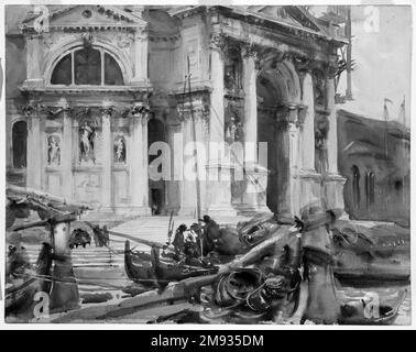 Santa Maria della Salute John Singer Sargent (americano, nato in Italia, 1856-1925). Santa Maria della Salute, 1904. Acquerello e grafite trasparenti e opachi, con fondo in grafite, 18 3/16 x 22 15/16in. (46,2 x 58,3cm). Il disegno di Sargent per la chiesa è meticolosamente eseguito con linee di grafite a righe dritte, i cui punti finali sono visibili ai fondi e alle cime delle colonne. Le linee orizzontali delle scale sono visibili attraverso i lavaggi delle figure della barca. Al contrario, le barche e le figure in primo piano hanno un minimo underdrawing e sono rese in sciolto, per lo più w Foto Stock