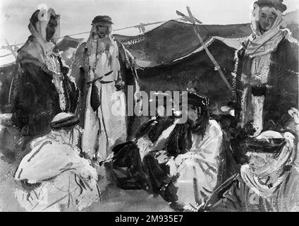 Campo beduino John Singer Sargent (americano, nato in Italia, 1856-1925). Campo beduino, 1905-1906. Acquerello opaco e traslucido, 10 x 14 1/16 poll. (25,4 x 35,7 cm). Sargent usava spesso colori non diluiti direttamente dal tubo. In alcuni casi ha fatto un'ulteriore tinte con l'aggiunta di vernice bianco zinco. A differenza delle vernici ad olio, gli acquerelli possono essere applicati solo ad un certo spessore prima che la vernice si restringa e inizi a rompersi quando l'acqua evapora. In questo lavoro Sargent ha spinto i limiti fisici del suo mezzo, come si può vedere nella formazione e la rottura di vernice in faccia e turbante dello squat Foto Stock