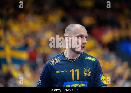 Goteborg, Svezia. 16th gennaio 2023. Daniel Pettersson di Svezia durante la partita del campionato mondiale di pallamano IHF del 2023 tra Uruguay e Svezia il 16th gennaio 2023 a Gothenburg. Credit: Oskar Olteus / Alamy Live News Foto Stock