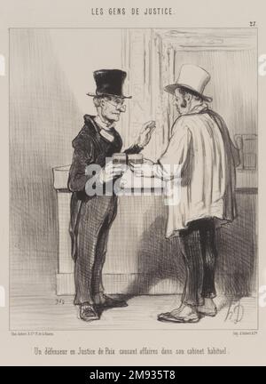 Un avvocato della difesa alla Corte di arbitrato che discute di affari ai suoi locali usuali dell'ufficio (un défenseur en Justice de Paix causant affaires dans son cabinet habituel) Honoré Daumier (francese, 1808-1879). , 1 novembre 1846. Litografia su carta ovata, immagine: 9 x 7 3/8 pollici (22,9 x 18,7 cm). Arte europea 1 novembre 1846 Foto Stock