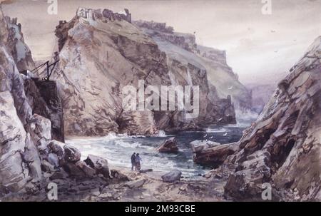 Seascape con due figure: Tintagel, Cornovaglia, Inghilterra William Trost Richards (americano, 1833-1905). , 1878-1880. Acquerello su grafite su carta, 6 1/2 x 10 pollici (16,5 x 25,4 cm). Arte americana 1878-1880 Foto Stock